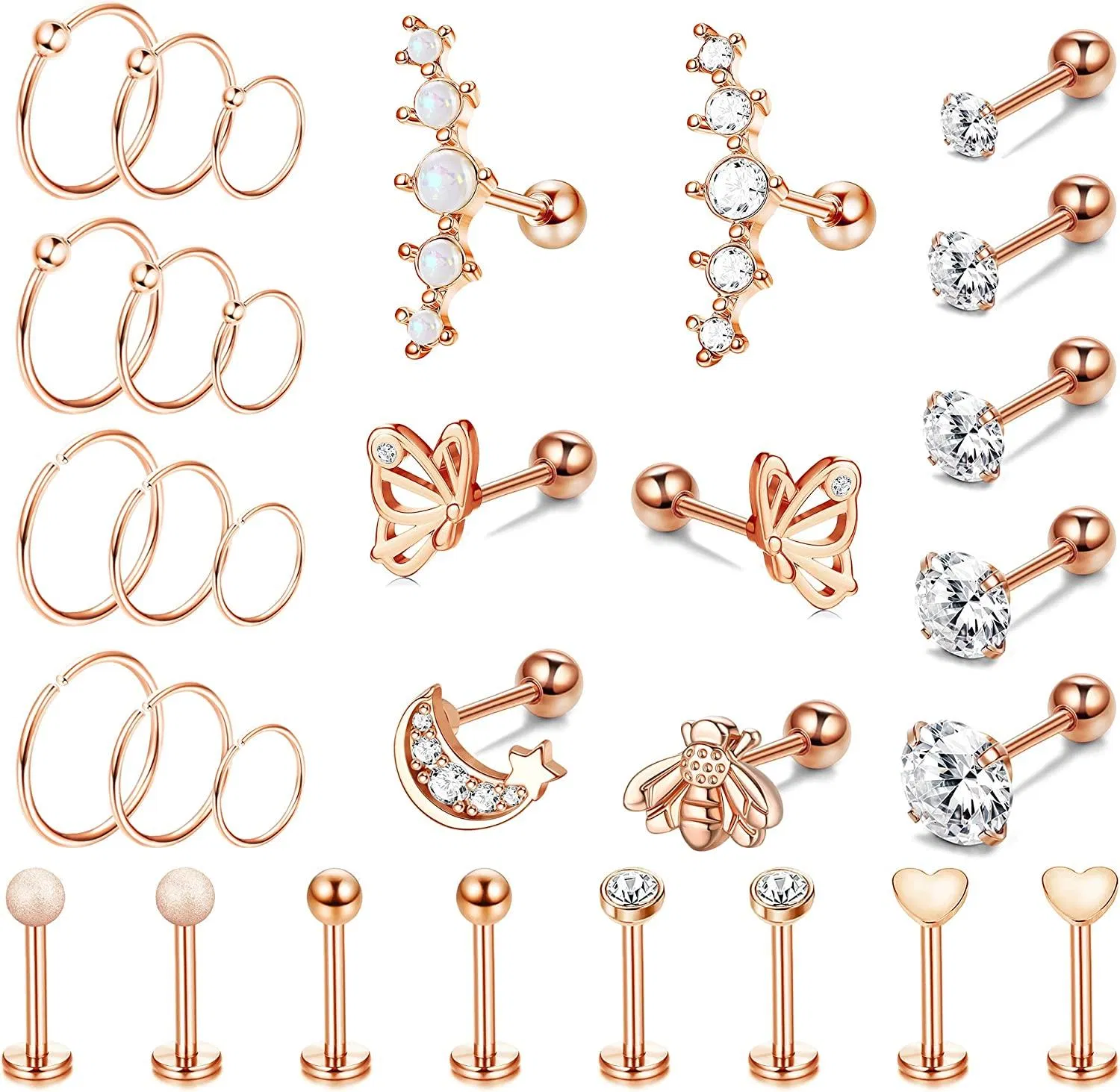31PCS 16G Knorpel-Ohrringe Stump-Schleife für Frauen Männer Edelstahl Opal CZ Tragus-Stap Ohrringe Knorpel Vorwärts Helix Ohrringe Hoop Rook Daith Conch Piercing