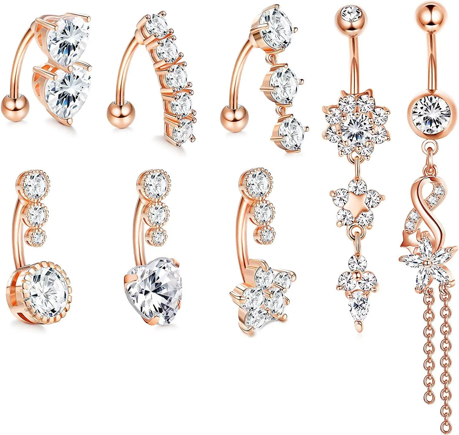 8pcs 14G Dangle Bauchknopf Ringe für Frauen 316L Chirurgisch Clear CZ Barbell Piercing Dangle Rückwärts gekrümmter Nabel Barbell Körperschmuck
