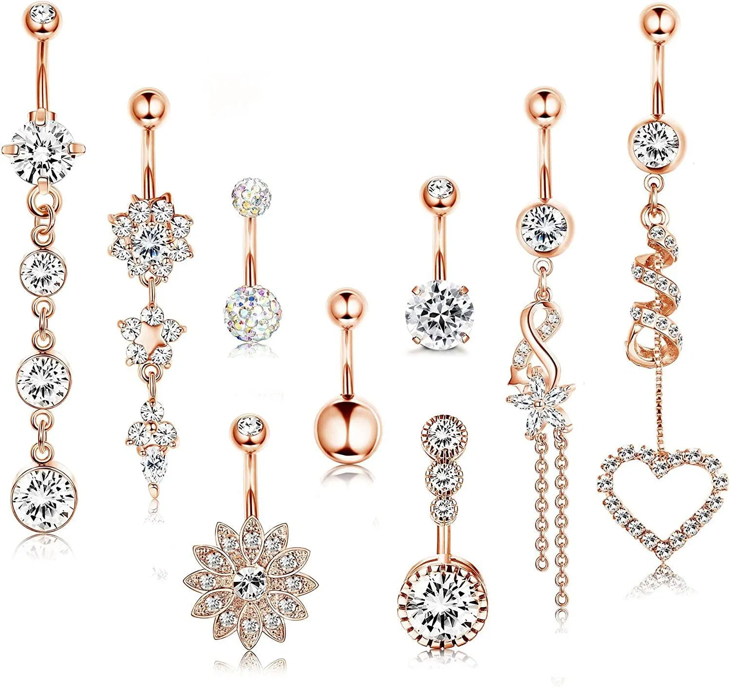 9 Pcs Bauchnabel Ringe Dangle für Frauen Nabelringe Kurven Barbell CZ Eingezogen Dangle Bauchnabel Ringe Chirurgische Stahl Körper Schmuck Piercing Set Rose Gold