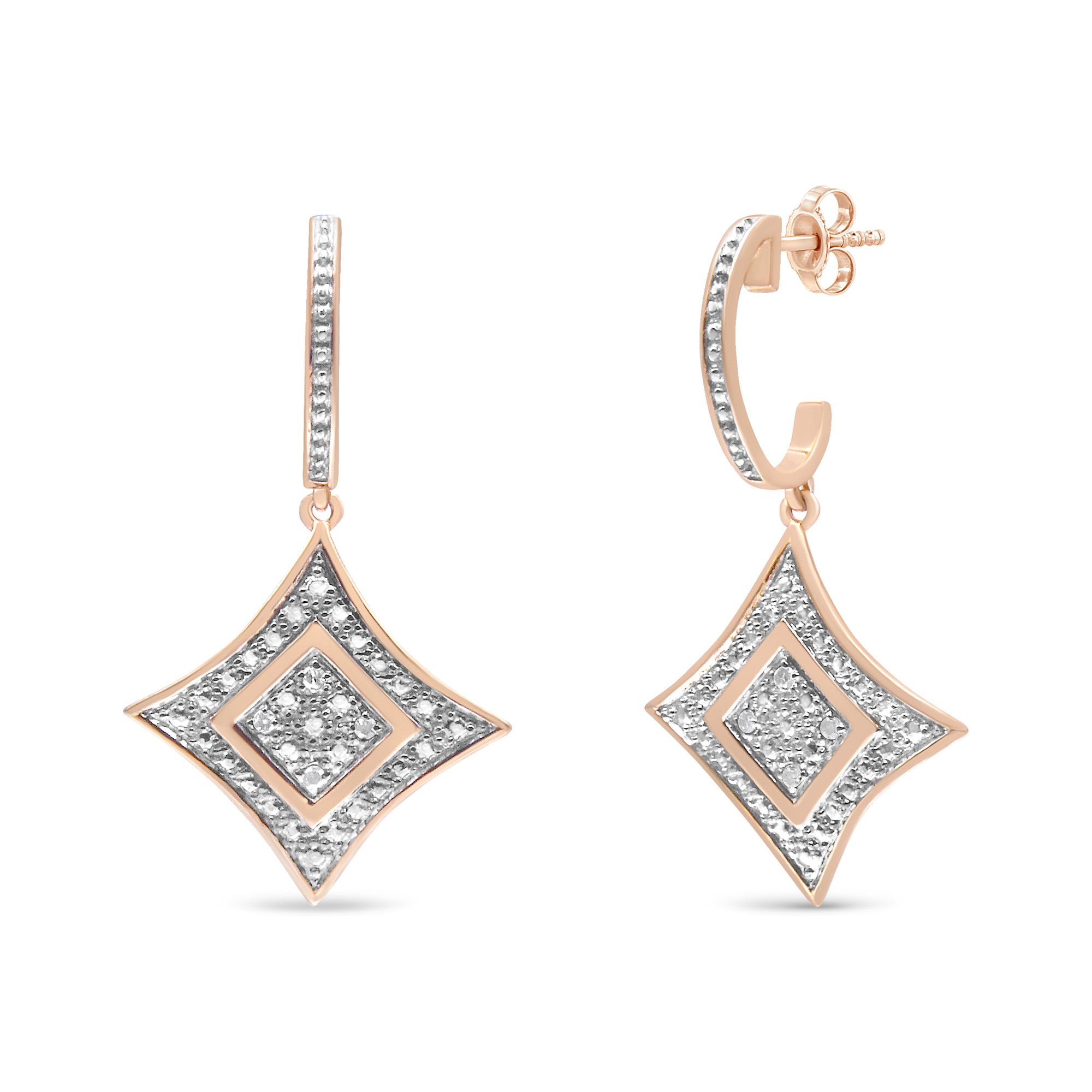 10 Karat Rose Gold Plated Sterling Silber Round Cut Diamond Cushion Dangle Ohrringe (0,04 cttw, H-I Farbe, I2 - I3 Klarheit)