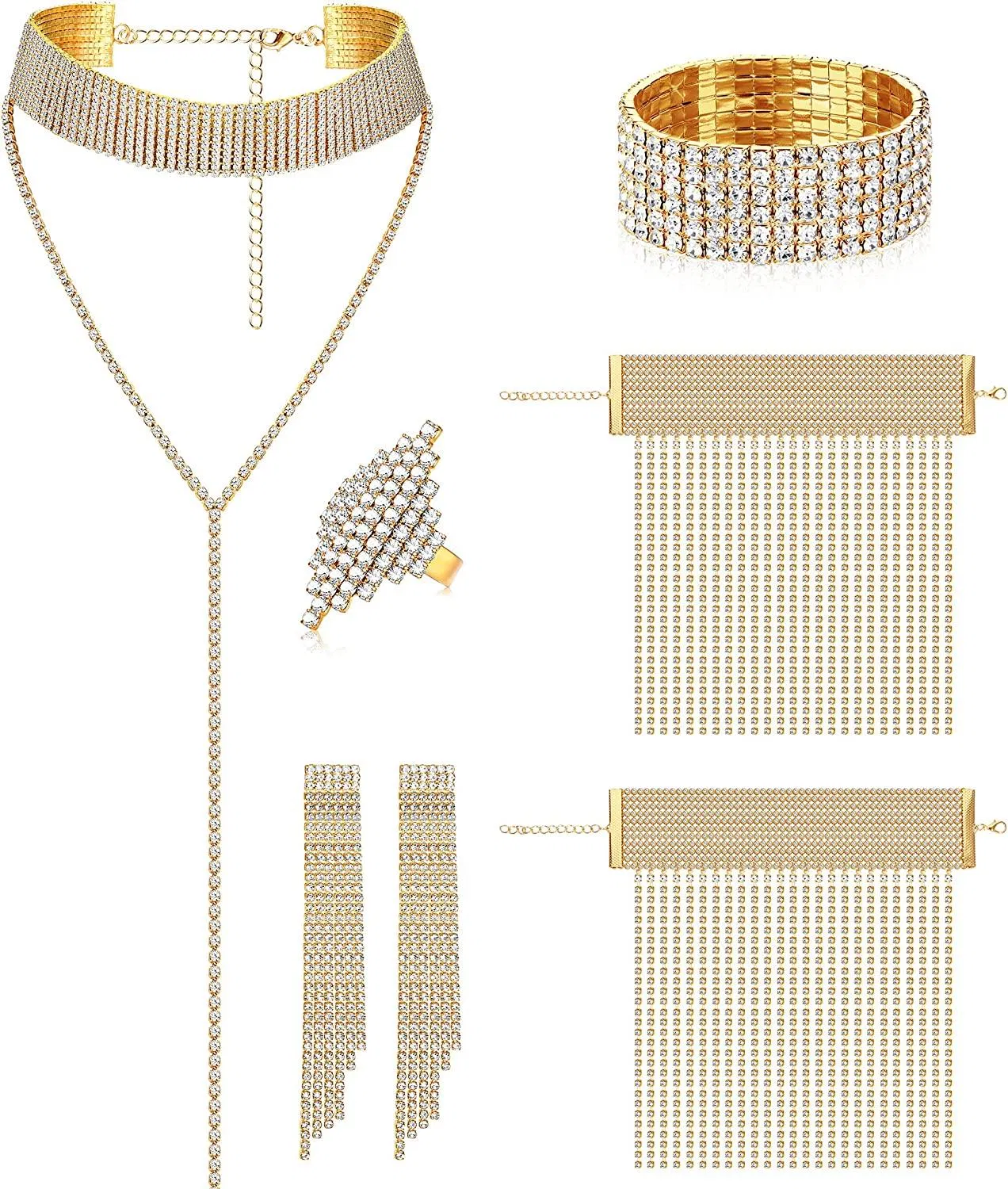 5 Stück Frauen Kristallschmuck Set Rhinestone Tassel Ohrringe Halskette Knöchel Armbänder Stretch Armband Ring Hochzeit Schmuck Set