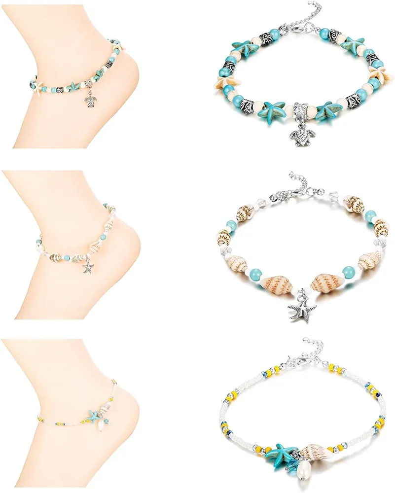 3PCS Boho Anklett für Frauen Mädchen Sexy Armbänder Schildkröte Strand Charme für Sommer verstellbare Ketten Anklett Ocean Starfish