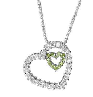Sterling Silber Olive & Clear CZ schwimmendes Herz in einem Herzen Anhänger