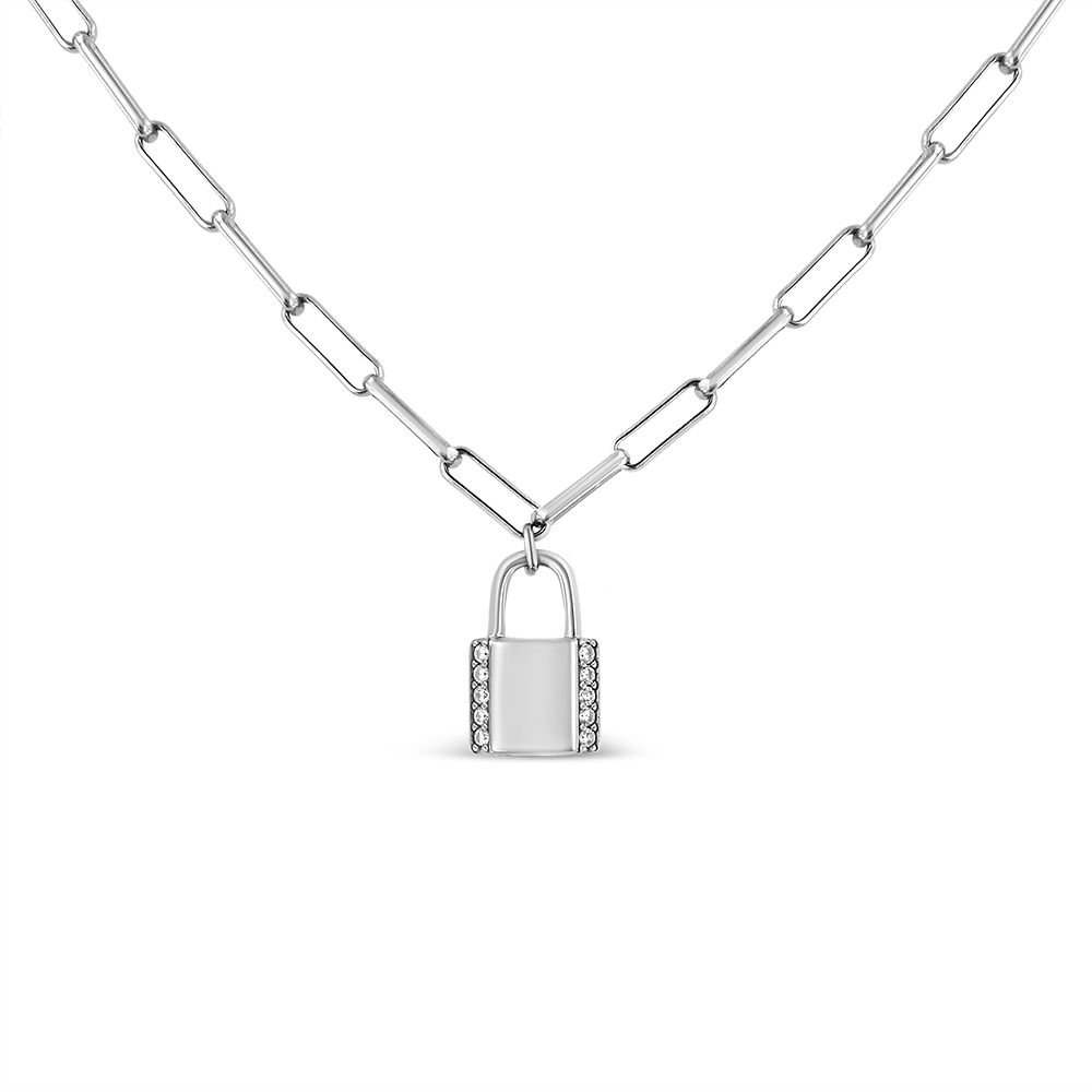 .925 Sterling Silber 1 / 10 Cttw Round Diamond Lock Pendant Paperclip Chin Halskette (H-I Farbe, SI1 - SI2 Klarheit)