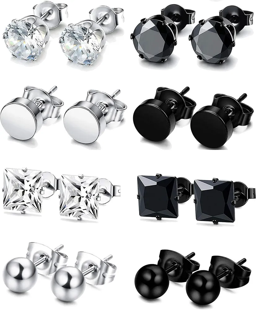 8 Paare Edelstahl CZ Stud Ohrringe Set Männer Frauen Unisex Ohr Piercing Schmuck