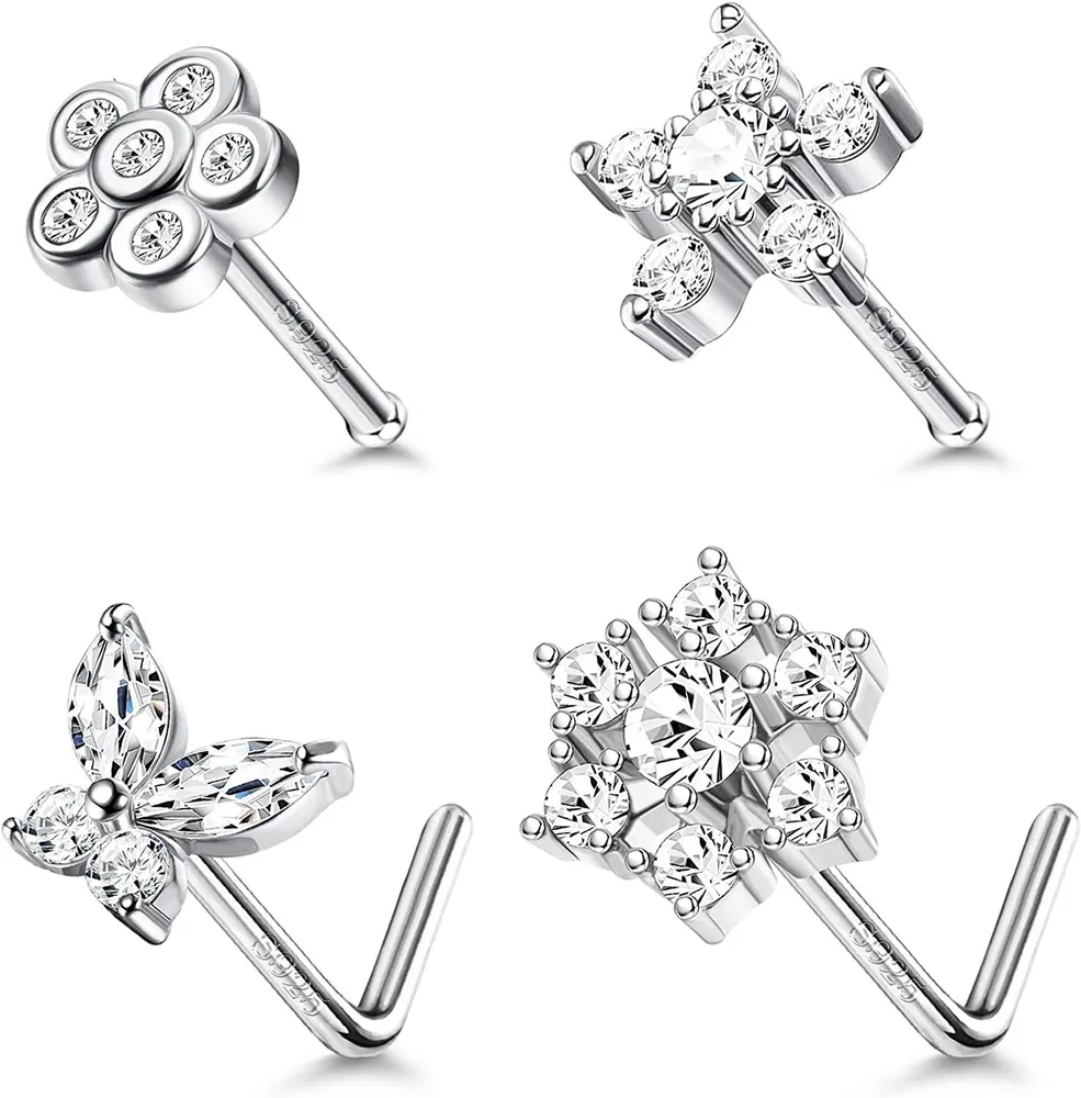 4pcs 20G Sterling Silber Nasen Ringe Sticks Knochen L-Form Nasen Sticks für Frauen Männer Kubik Zirkon Eingezogen Blumen Schmetterling Schneeflocken Nasen Piercing 7MM