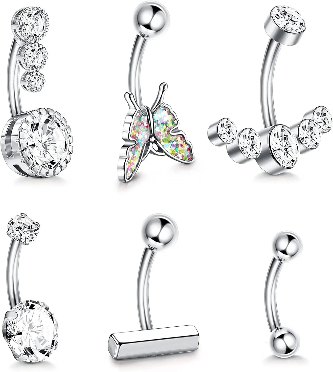Frauen 14G Bauchknopfringe Dangle 316L Suigical Sparked CZ Curved Butterfly Bar Nabelringe Daity Simple Barbell Belly Piercing 6Pcs