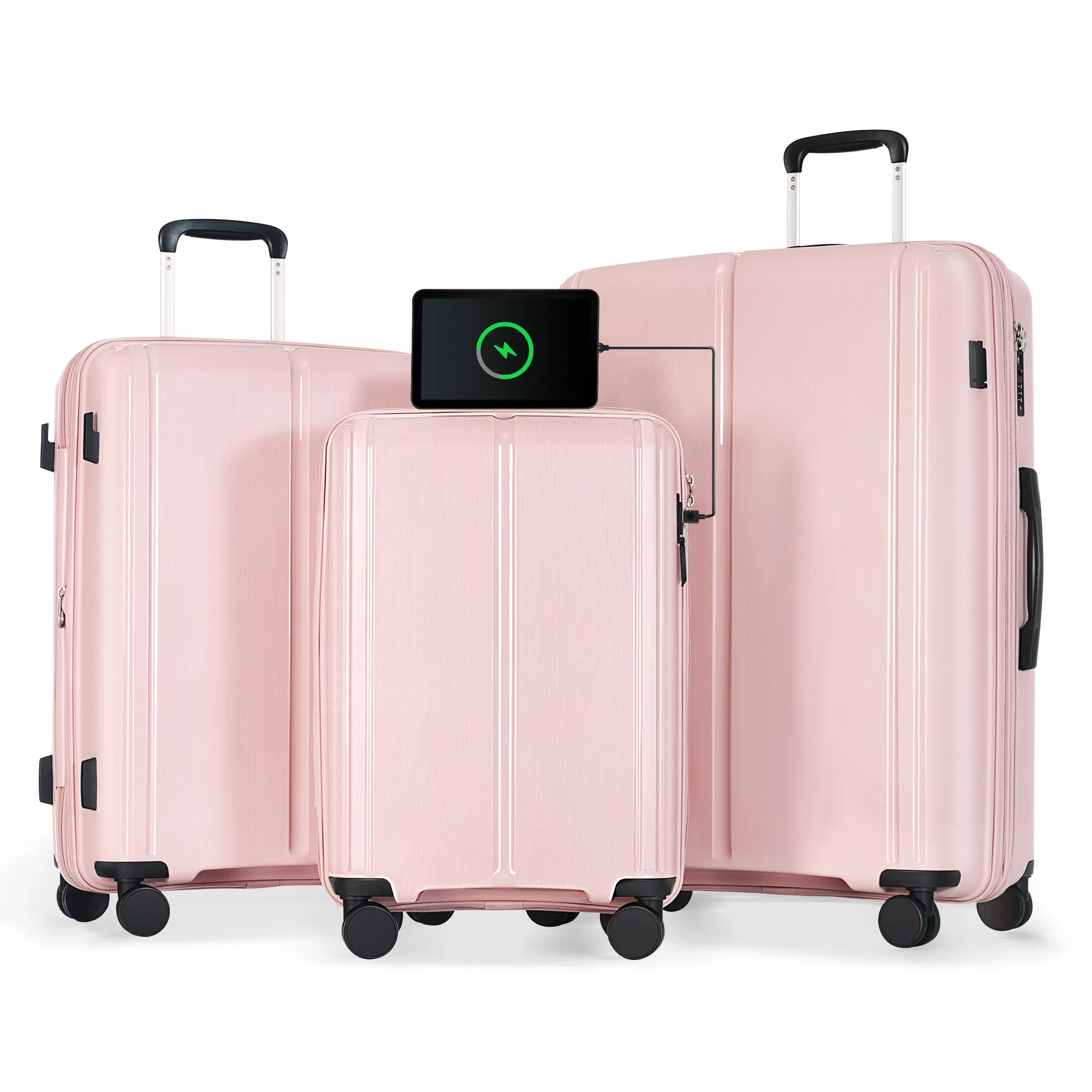 Gepäckset 3 - Stück Koffer Set 20 / 24 / 28 mit USB-Anschluss, Tragen Sie auf Gepäck Airline genehmigt, PP Leichtgewicht Koffer mit Spinner-Räder, Pink