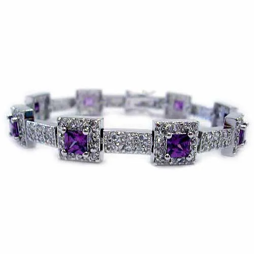 Sterling Silber 6,3ct Amethyst CZ & Clear CZ Square Link Armband