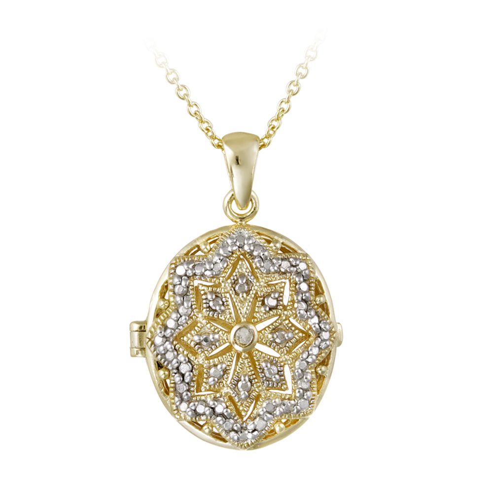 18K Gold Plated Diamond Accent Filigree Oval Locket Kette