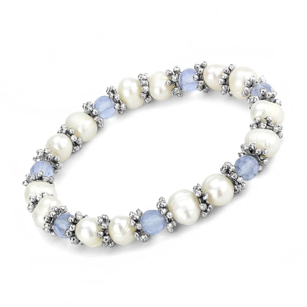 LO4652 - Antike Silber-weißes Metallarmband mit synthetischer Perle in Meerblau