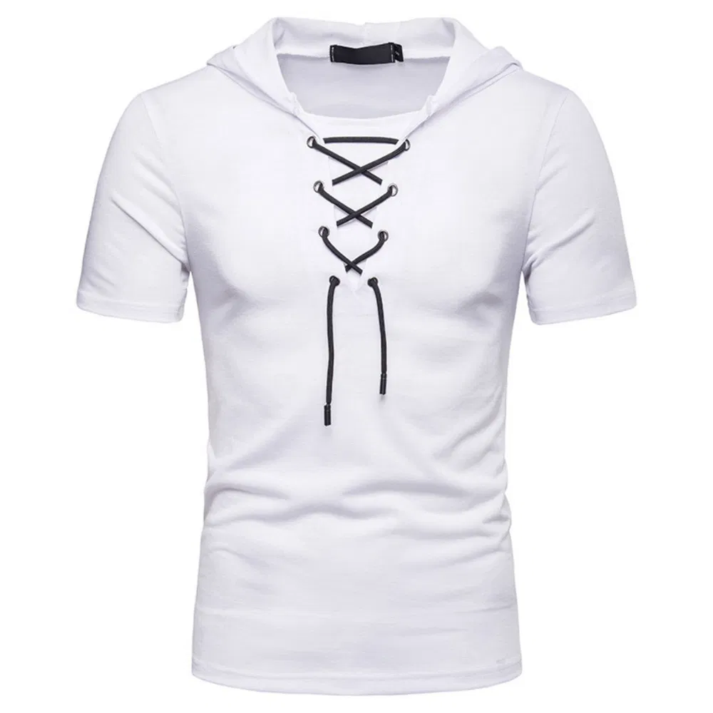 Men Short Sleeve Hooded T-Shirt Hip Hop Lace Up Pullover Tops