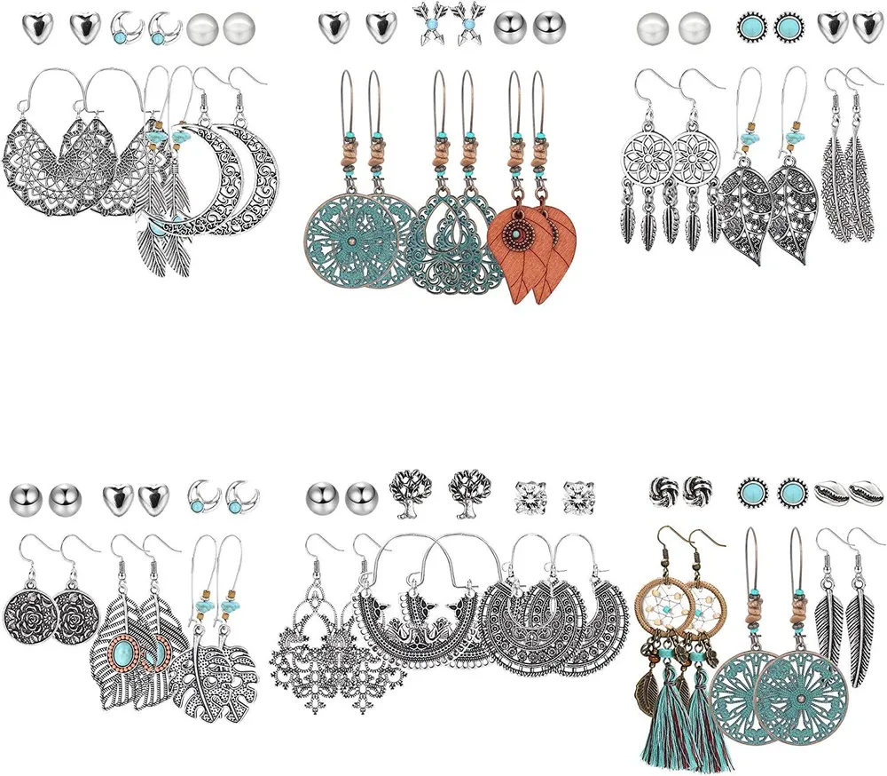 36 Paare Boho Drop Dangle Ohrringe Set für Frauen Mädchen Bohemian Vintage Hollow Waterdrop Statement Herz Perle Federn Mond Ohrringe für Geschenke