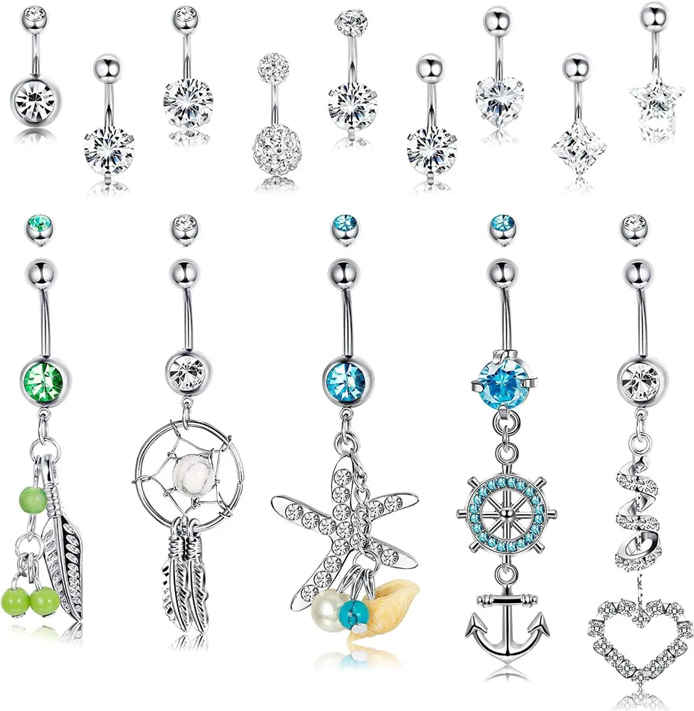 14pcs 14G Bauchknopfring Edelstahl Dangle Nabelringe Clear CZ Inlay Barbell Body Piercing Schmuck