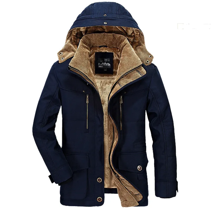 Solid Color Mens Parkas Jacken Hooded Dicke Fleece Militär Mantel Pelz Kragen Warm Windbrecher Casual Outdoor Parka Overcoat Männer