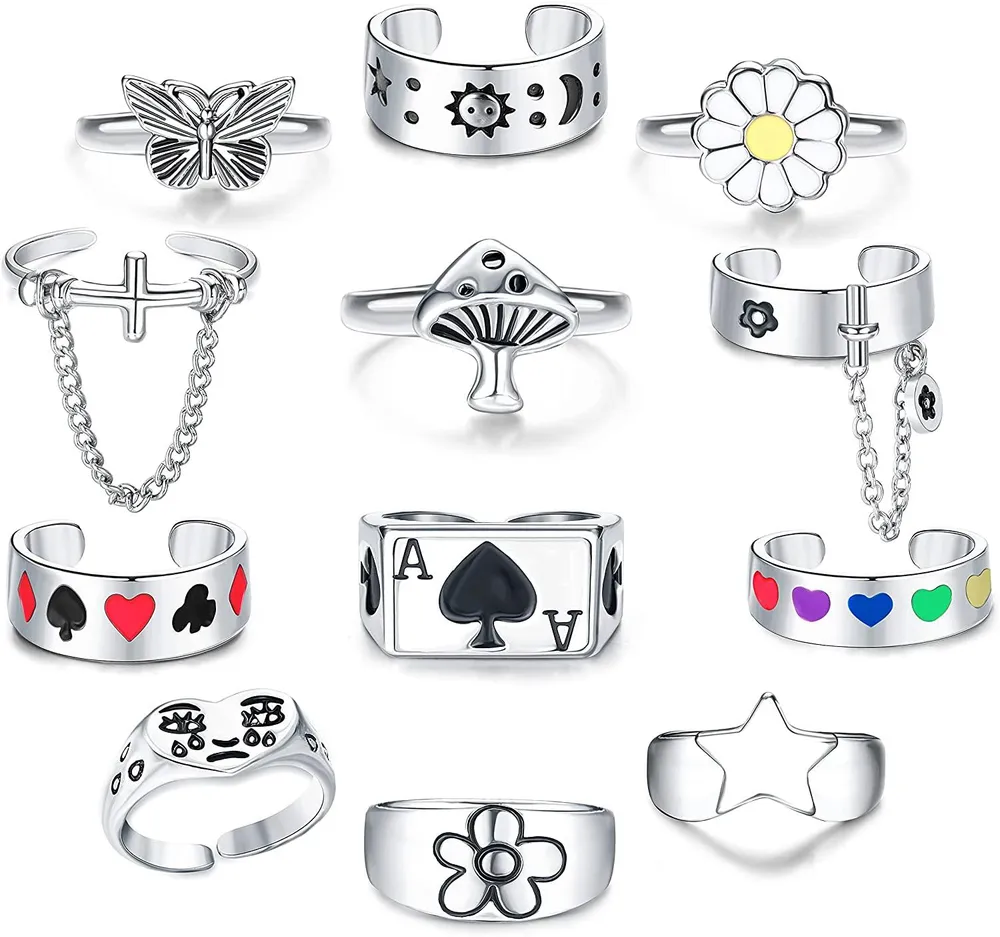 12 Pcs Goth Punk Ringe Set Frosch Pilz Kette Weinen Gesicht Poker Spikes Herz Sonne Stern Schmetterlingsringe Einstellbare Hippie Emo Ringe Pack Silber Y2K Ringe für Frauen Männer Egirls Größe 7