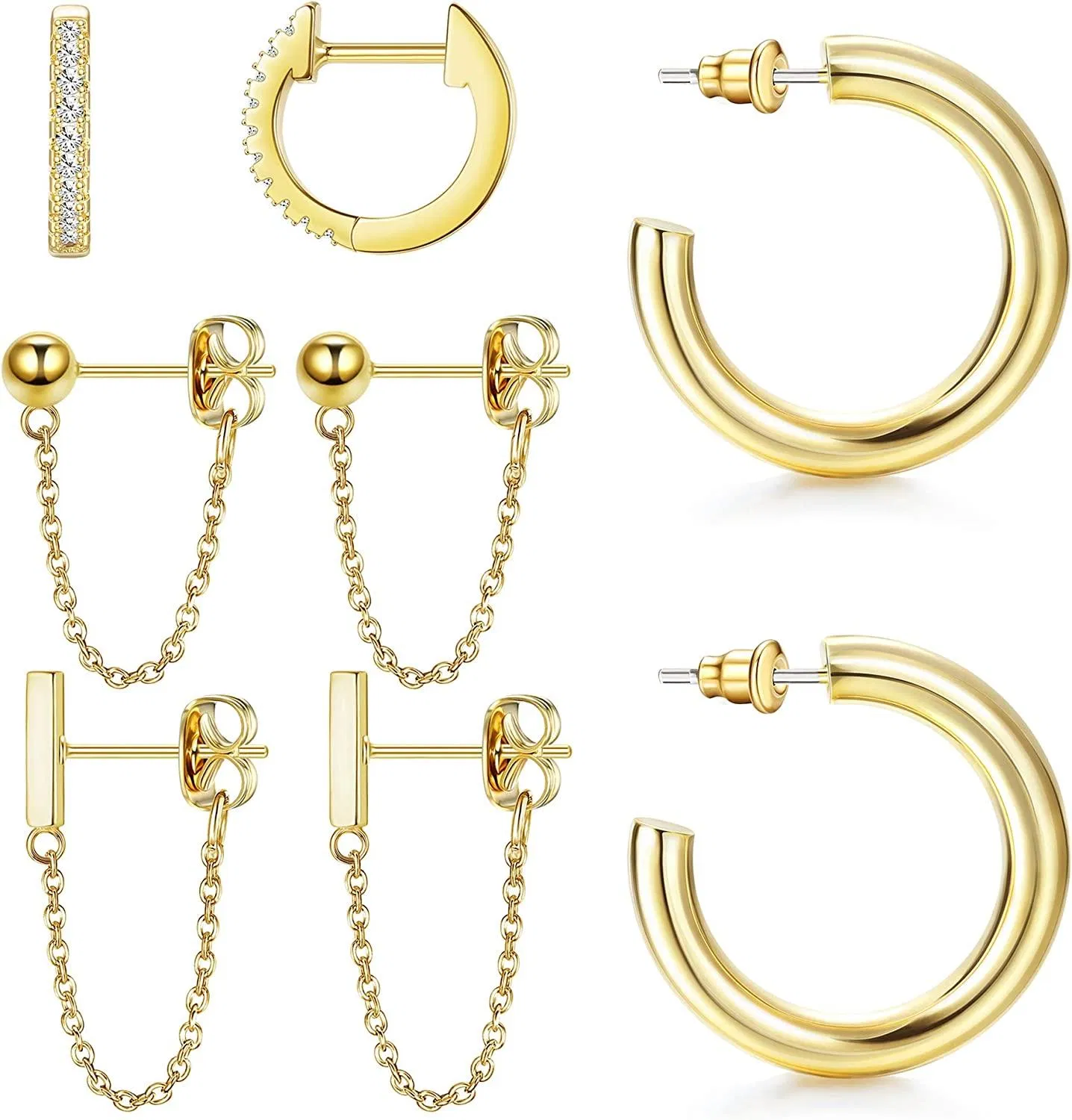 4 Paare Chunky Open Hoop Ohrringe für Frauen Huggie Studs Ketten Ohrringe Schmuckset