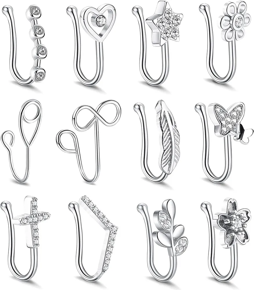12pcs Falsche Nase Ring Schleife; Nasen Manschette für nicht durchdrungen für Frauen Männer; Afrikanische Nasen Manschette Faux Septum Nasen Piercing CZ-Schleife Ringe Clip On