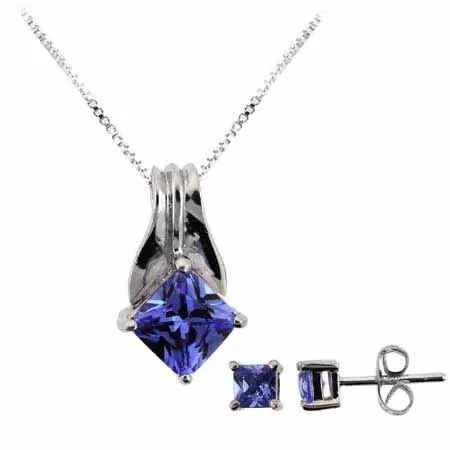 Sterling Silber Tanzanit CZ Anhänger und Stud Ohrringe Set