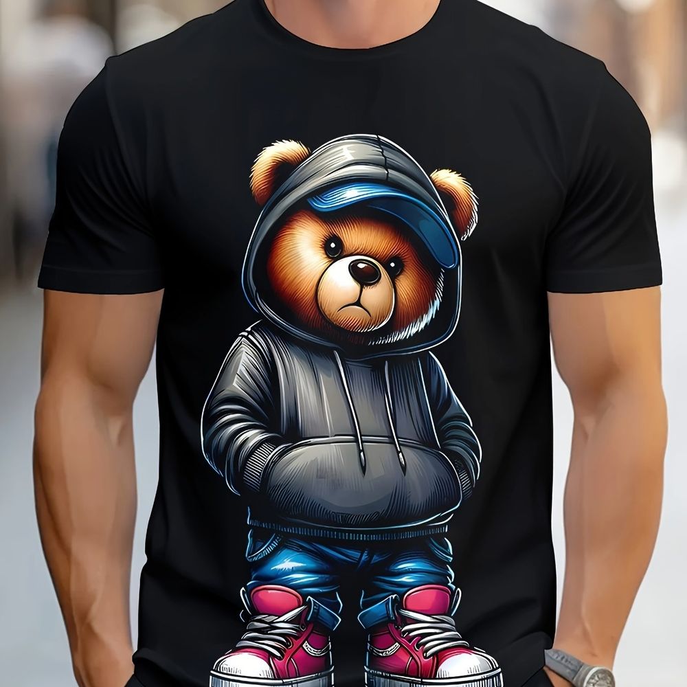 Männer Casual Geometrische Bär Hat T-Shirt Design - Polyester gestricktes Gewebe, runden Hals, regulären Stil, neuartige und modische Kleidung