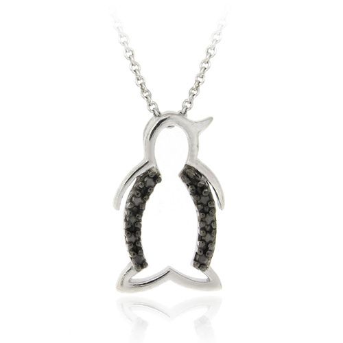 Sterling Silber Schwarz Diamant Akzent Pinguin Slide Anhänger