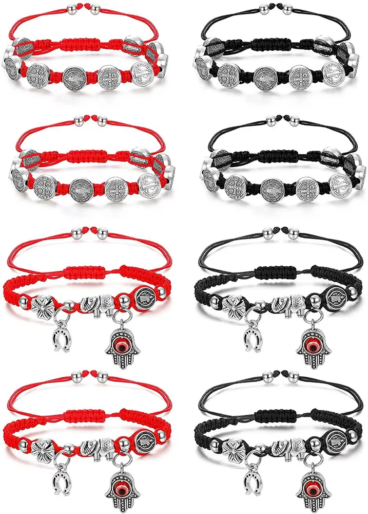 8 PCS St. Benedikt Schnur Armbänder für Frauen Männer Böse Auge Schnur Armbänder Böse Schutz Medaille Rosenkranz Armbänder Set Katholikische Geschenke Religiöser Schmuck