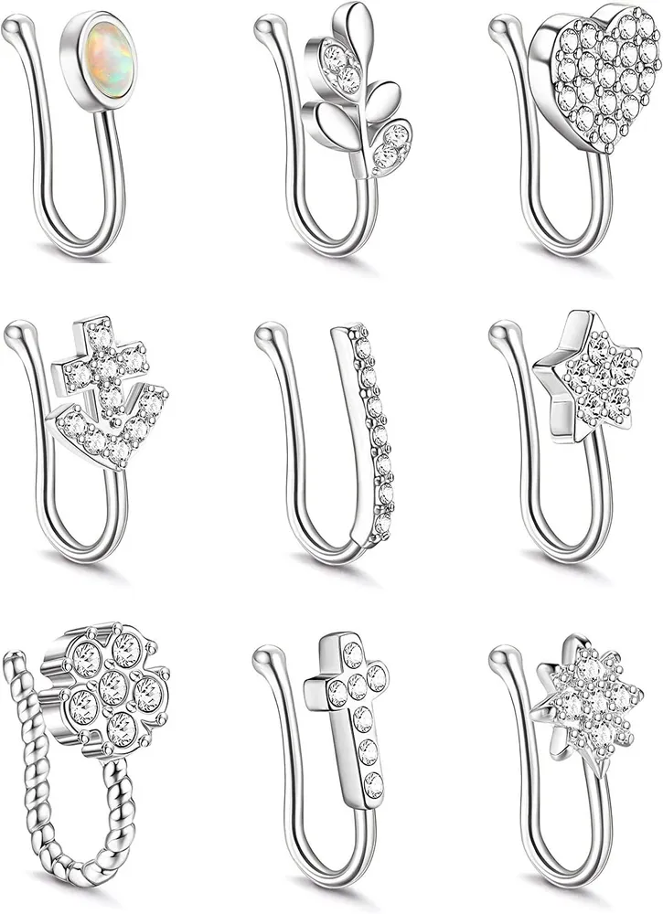 9 Stück Falsche Nase Ringe für Frauen Edelstahl Nasen Manschette Eingezogen CZ Opal Clip Auf Faux Septum Knorpel Tragus Ring Nicht Piercing Schmuck