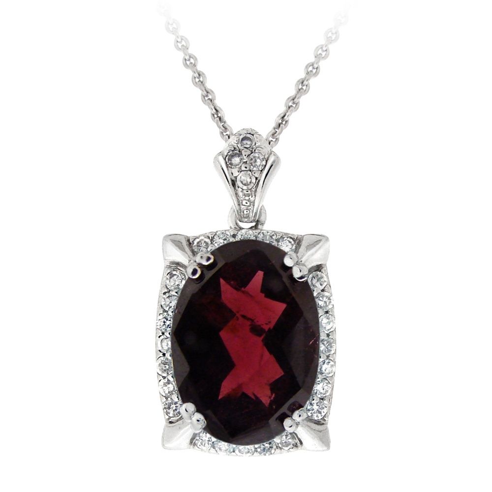 Rhodium Plated 7ct Garnet & CZ Oval Halskette