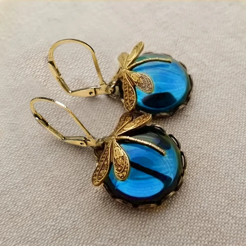 Vintage Metal Dragonfly Ohrringe Tintenblau Moonstone Brass Glas Cabochon Vintage Victorian Geschenke für Frauen