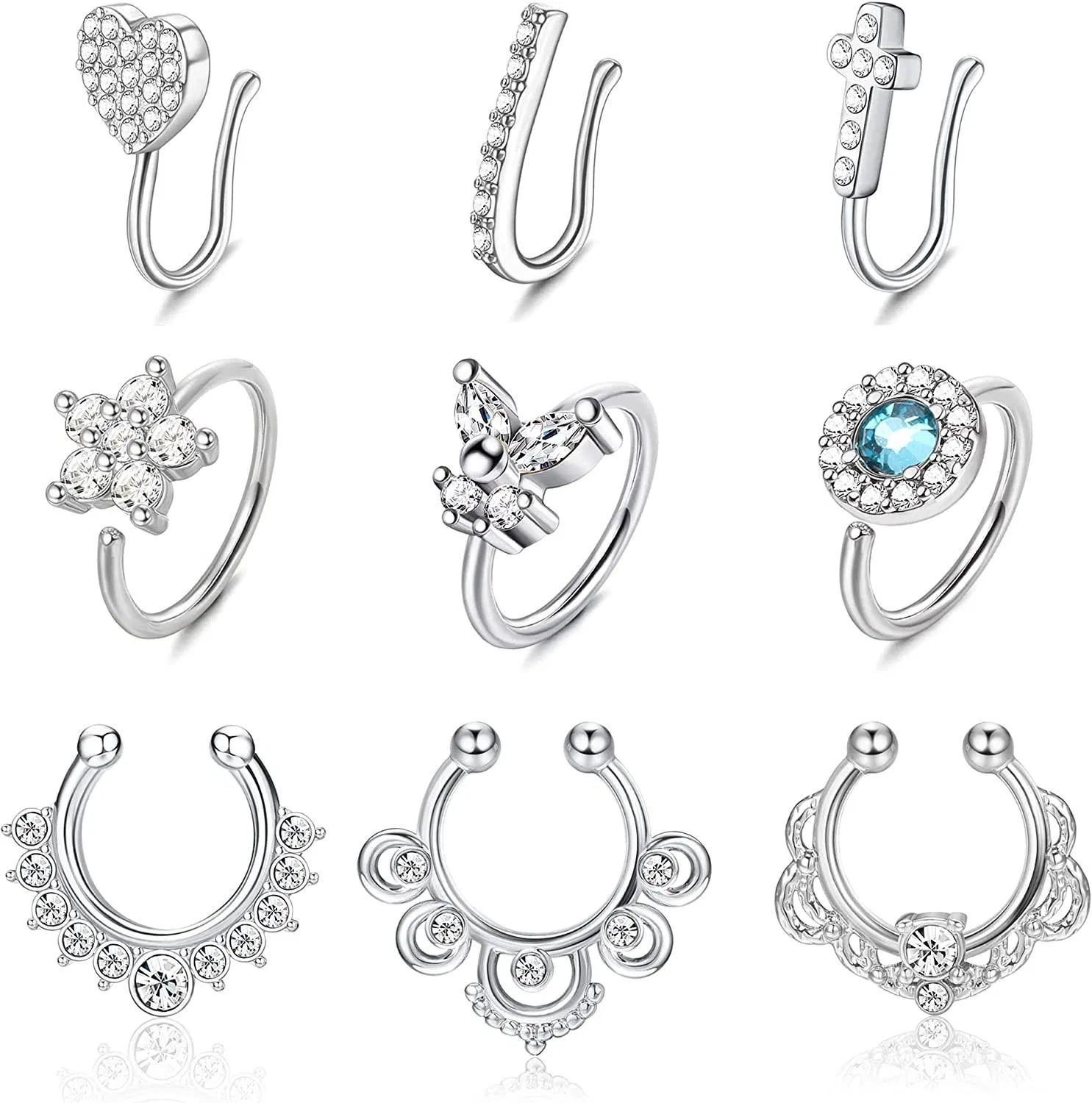 9Pcs 16G / 20G Falsche Nase Ring Schleife Edelstahl Faux Septum Ring Clip An Nasen Ringe Nasen Manschetten Ring Falsche Non-Piercing Nasen Ring Jewelly für Frauen Männer