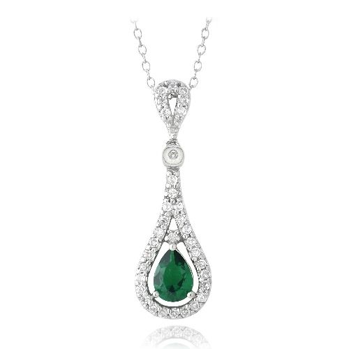 Sterling Silber geschaffen Smaragd & CZ Teardrop Halskette