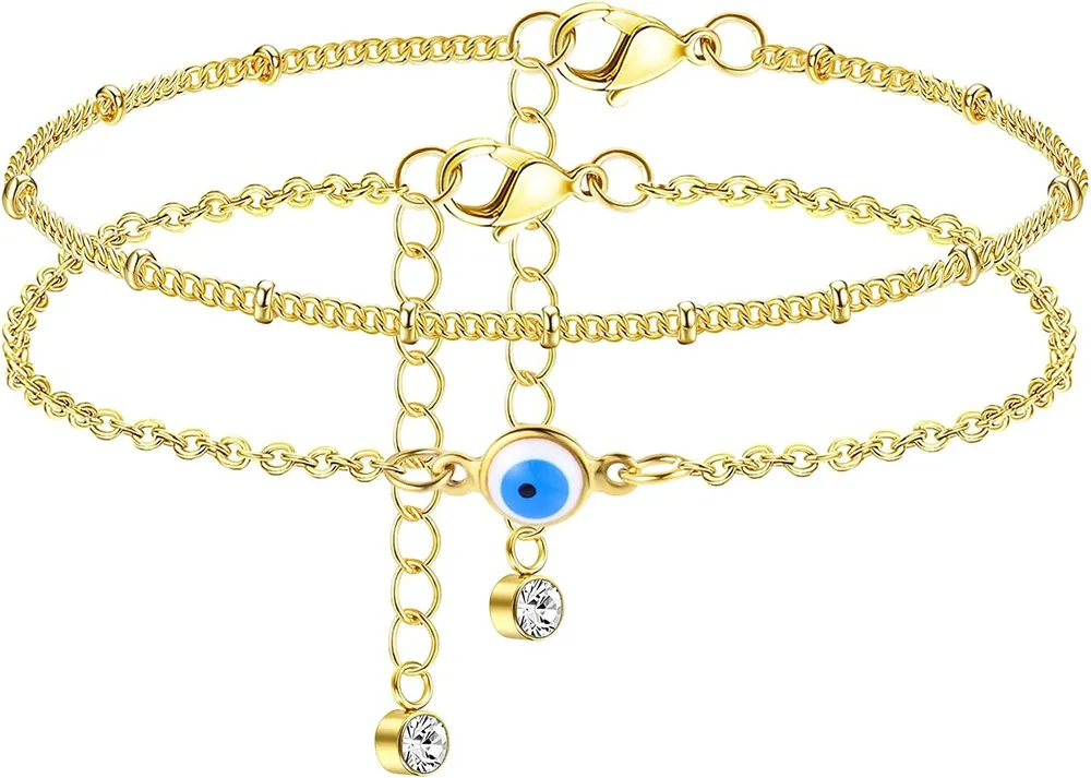2pcs Ankleber für Frauen 14K Gold beschichtete Edelstahl Ankleber Dainty Doppelschicht Knöchel Armband Schmetterling Ankleber Figaro Kette / Papierklippkette Fuß Sommergeschenke