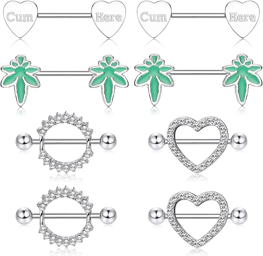 4Paare 14G Nipple Ringe 316L Chirurgische Stahl Herz CZ Zunge Barbell Körper Piercing Schild Ring Set