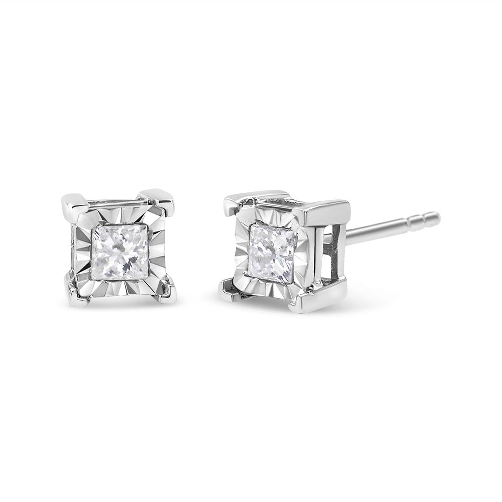 .925 Sterling Silver Miracle Set Princess-Cut Diamond Solitaire Stud Ohrringe (I-J Farbe, SI1 - SI2 Klarheit)