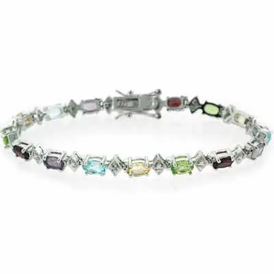 Sterling Silber Garnet, Amethyst, Blau-Topaz, Citrine, Peridot und Diamant-Akzent Oval Armband