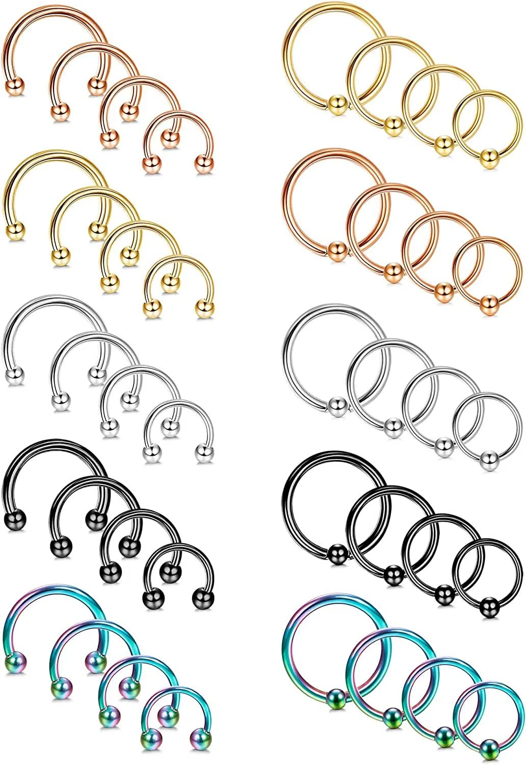 40Pcs 16G Septum Hufeisen Nasen Ringe Chirurgische Lippenringe für Frauen Männer Hypoallergen Tragus Hoop Helix Daith Ohrringe Nasen Piercing