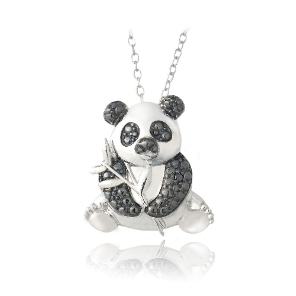 Sterling Silber Schwarzer Diamant Akzent Panda Bär Halskette