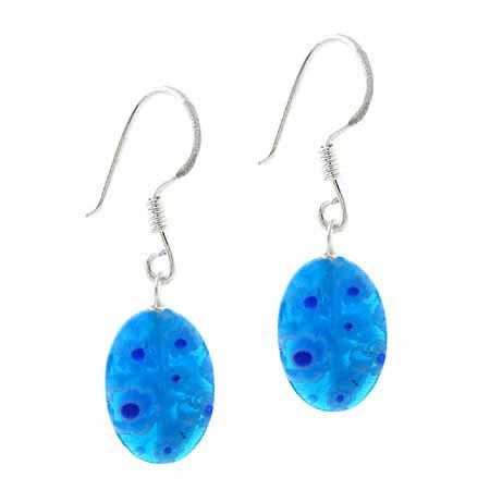 Sterling Silber Murano Glas Aqua Blau Oval Millefiori Ohrringe