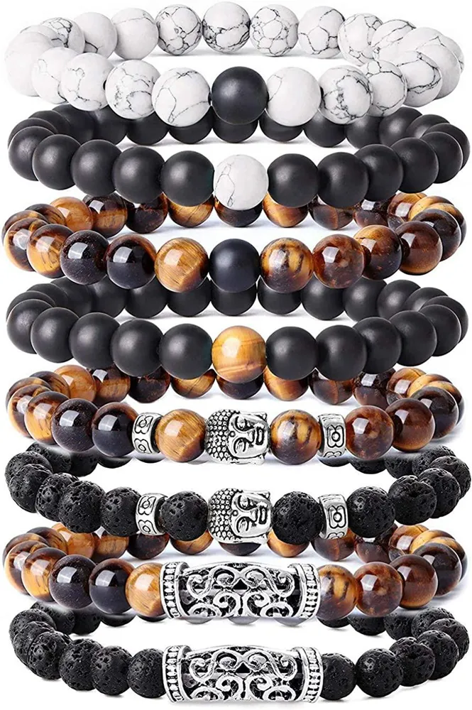 6PCS 8MM Perlen Armbänder für Männer Charme Vulkanstein Gelb Tiger Auge Armband Weiße Kiefer Buddha Kopf Armband Rock Goth Punk Elastisches Armband Set