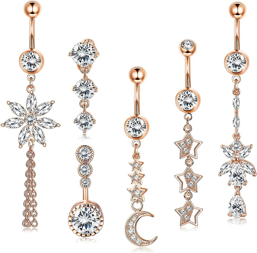 6 Stück 14G Bauchknopf Ringe Dangle für Frauen Chirurgische umgekehrte Kurven Barbell Nabel Ringe Kubik Zirkonia Blume Mond Stern Hanging Körper Piercing Schmuck