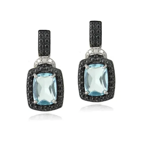 Sterling Silber 3,8ct Blau Topaz & Schwarz Diamant Akzent Rechteck Dangle Ohrringe