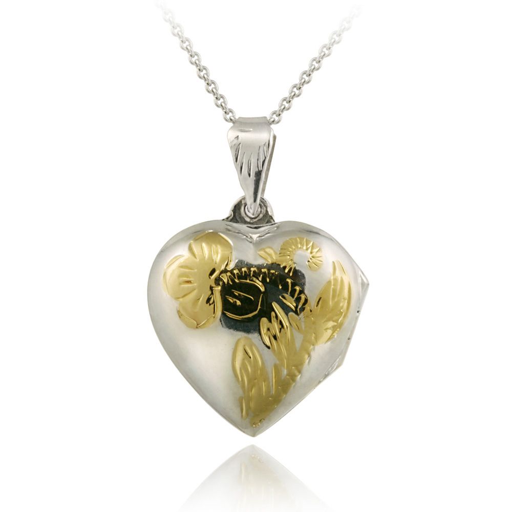 Sterling Silber Zwei-Ton Gravur Blume Herz Locket Anhänger