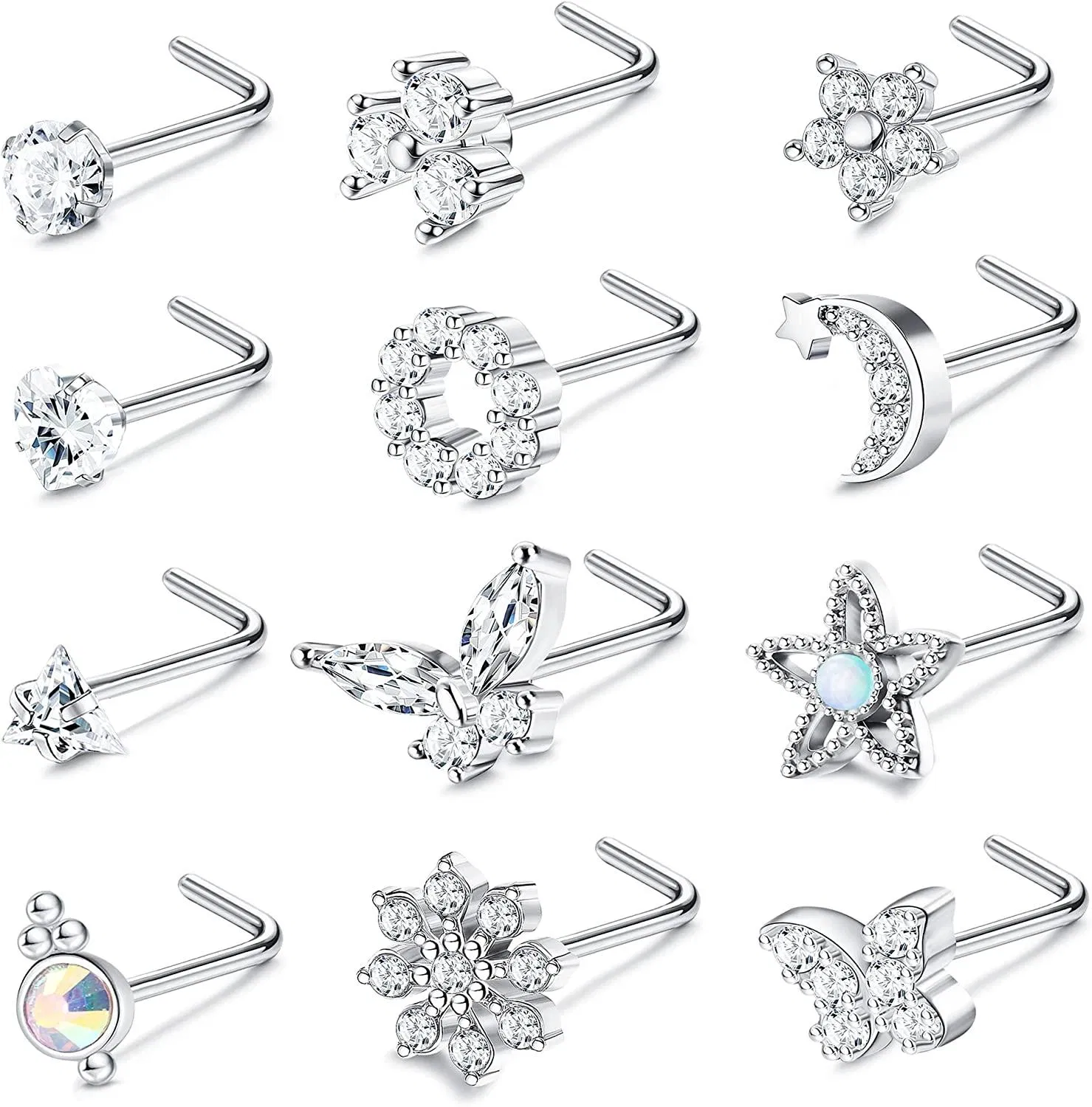 12Pcs 20G Nasenring Stud Edelstahl L-Form Nasen Ringe Schraube Nasen Studs Kubik Zirkonia Schmetterling Nasen Piercing Schmuck für Frauen Männer