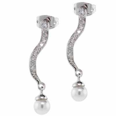 Silber simulierte Diamanten CZ Squiggle Bar Hanging White Simulated Pearl Earrings