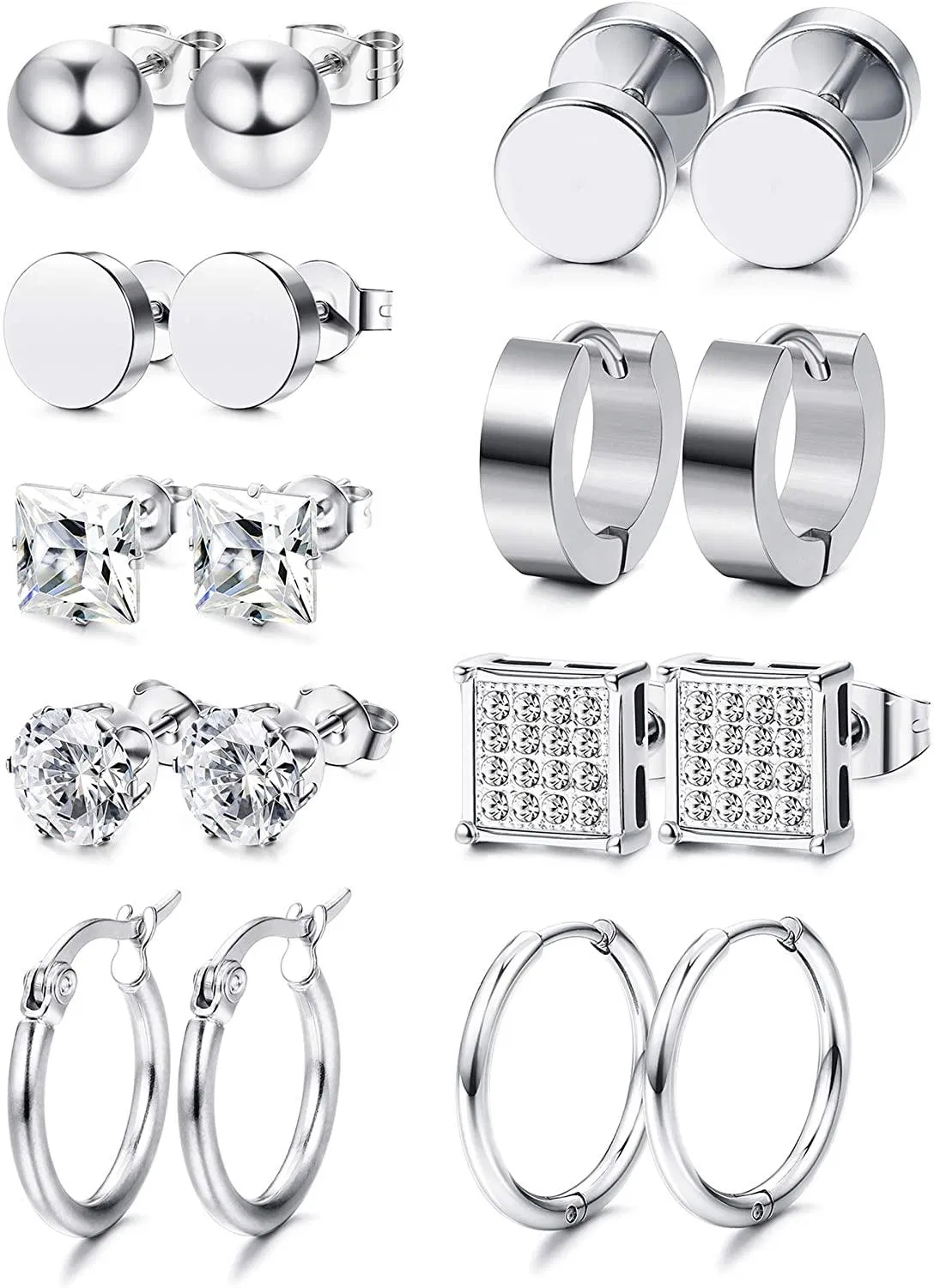 9 Pairs Edelstahl CZ Stud Ohrringe für Frauen Mens Hoop Huggie Ohrringe Ohr Piercing Ohrringe Set