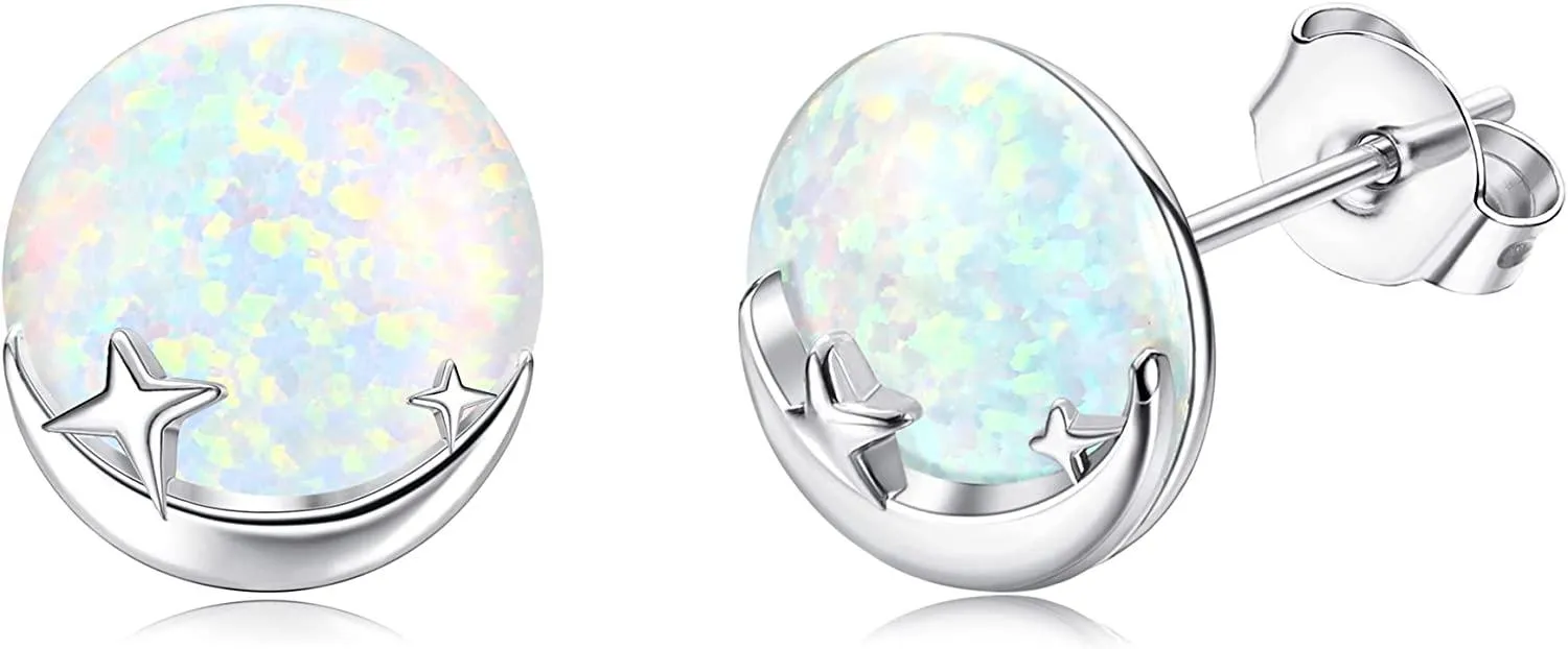 Faux Opal Stud Ohrringe; 925 Sterling Silver Moon Star Planet Ohrringe für Frauen süße hypoallergene Ohrringe für empfindliche Ohren