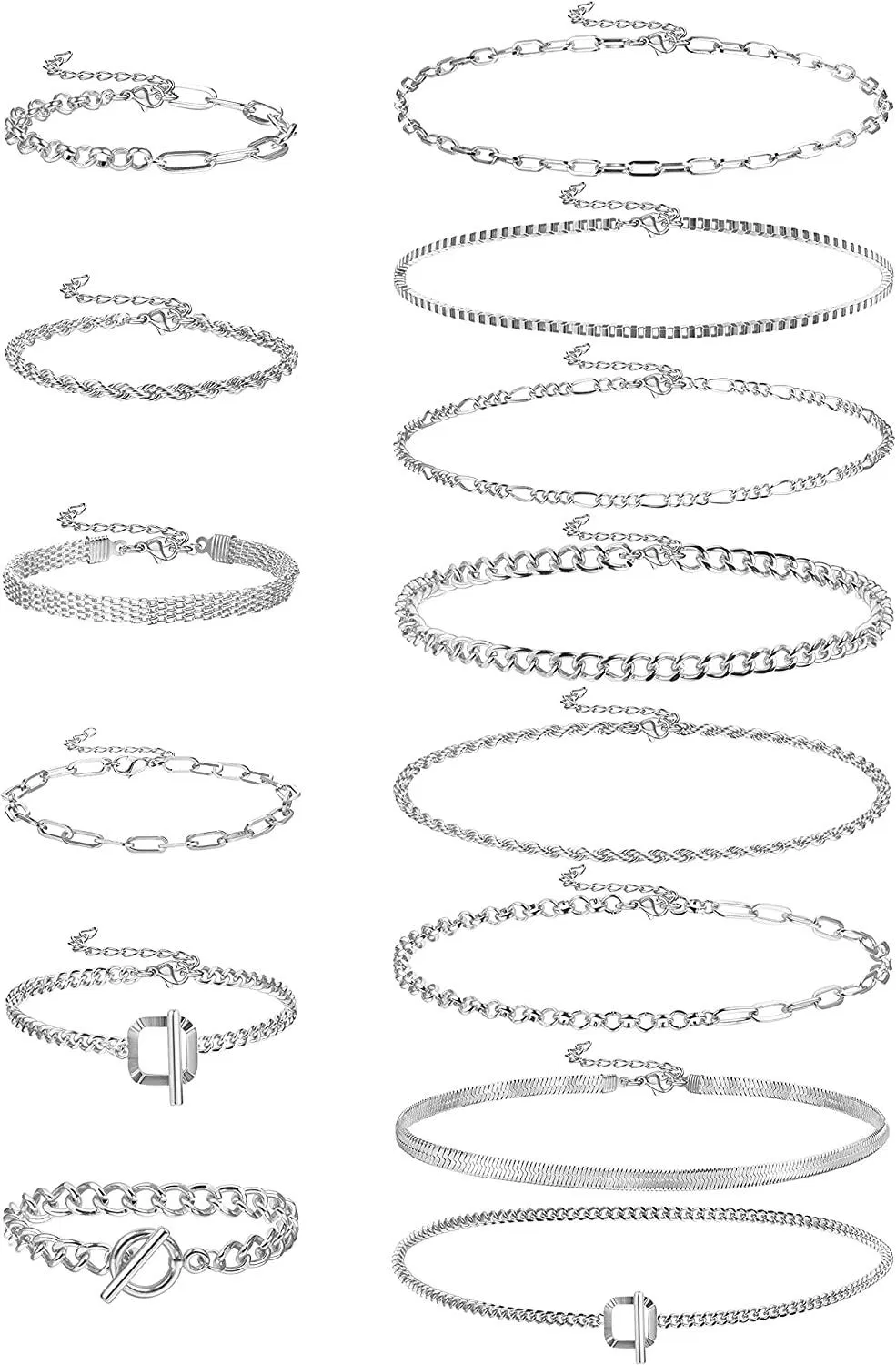 14 Stück Silber / Gold Kette Halskette und Armbänder Set für Frauen 14k Gold Dainty Paperclip Link Chain Choker Halskette Chunky Flat Snake Chain Armband Schmuck
