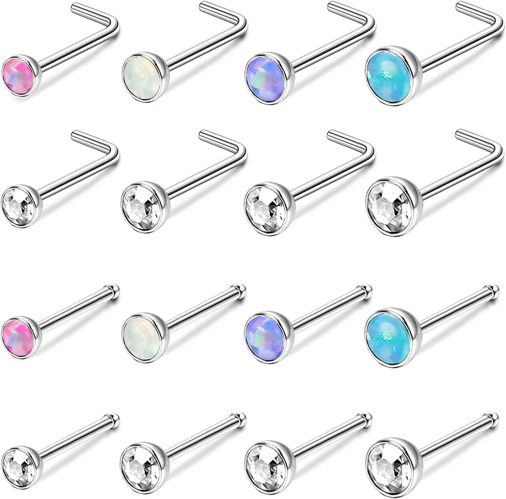 16Pcs 20G Nasenringe Studs Edelknochen L-geformte Nasen Piercings Set 1.5mm 2mm 2.5mm 3mm Opal & Clear CZ Nasenringe für Frauen Männer
