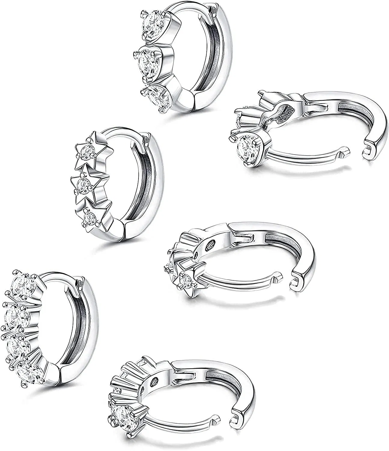 3Paars Cubic Zirkonia Knorpel-Schleife - Ohrringe für Frauen Mädchen winzig süßes rundes Star-Herz CZ Huggie-Schleife - Ohrringe hypoallergene Scharnier-Manschette - Ohrringe Piercing (/12mm)