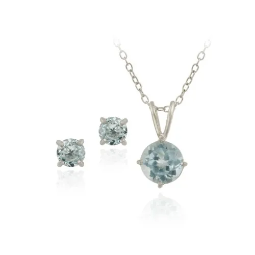 Sterling Silber 2 & 3 / 4ct Blue Topaz Round Solitaire Anhänger & Stud Ohrringe Set